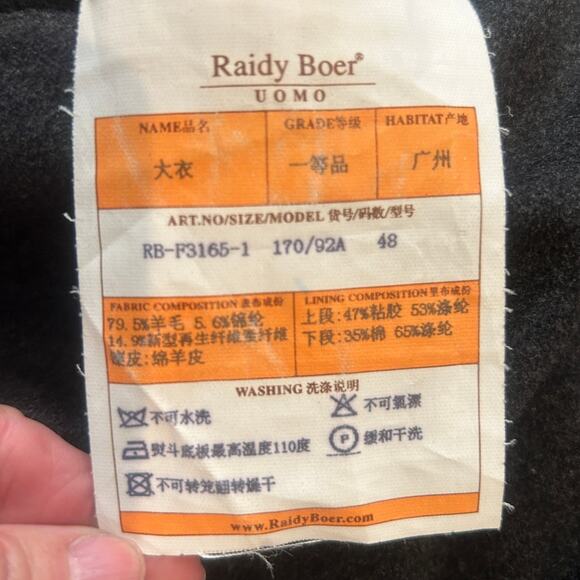 RAIDY BOER Men's Wool Removable Fur Collar Leather Trim Black Coat 38 US/48 EU - Picture 9 of 10